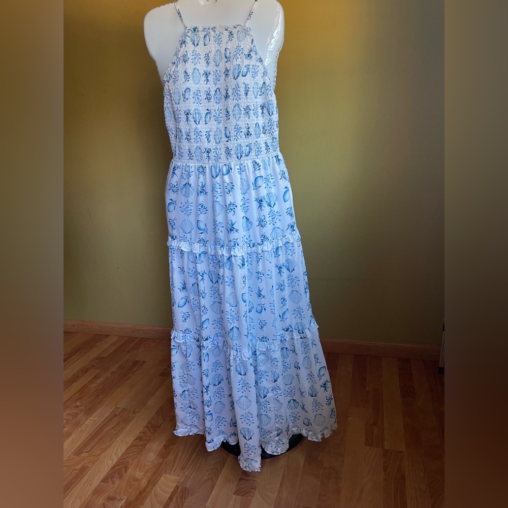 Ann Taylor Light Blue Shell-Print Smocked Tiered Maxi Dress